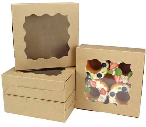 YankMooM 15PCS Kraft Cake Boxes with Window, 8x8x2.5inch Brown Bakery Boxes with Display Cardboard Cookie Boxes for Cakes Strawberries Donuts Muffins Macaroon