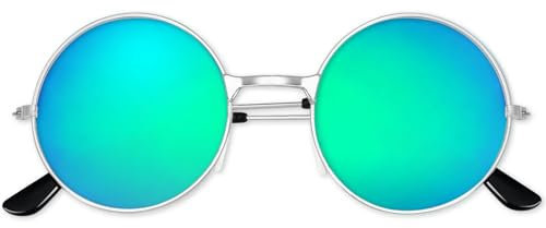 BOUBONI Hippie Sonnenbrille 70er Jahre Runde Hippie Brille Party Deko Sonnenbrille für Damen mit farbigem Brillenputztuch (Gespiegeltes Grün)