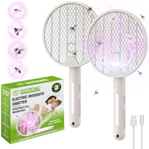 ISOTRONIC Elektrische Fliegenklatsche schützt vor Moskitos & Motten – Mückenklatsche mit UV-Lichtfalle – faltbar für Reisen & Wandmontage – Insektenvernichter für Innen & Außen (2 Stück)
