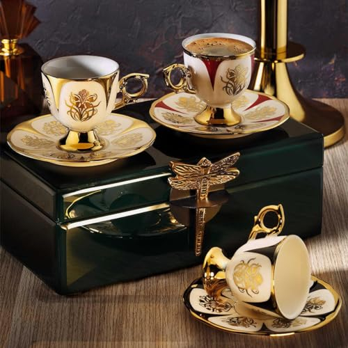 derya home Nigah Porcelain Espresso Cup Set, Turkish Coffee Cup Set of 6, Cups and Saucers (3 Oz) Gold Patterned Cups - Mixed color