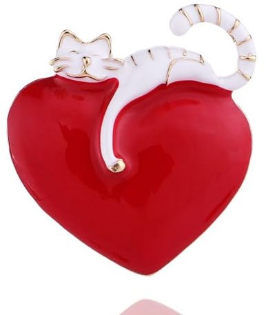 Broche Chat Mignon Sur Le Coeur Pour Femmes Filles Plaqué Or Émail Rouge Amour Coeur Chaton Animal Broches Épinglettes Robe Accessoires Anniversaire Noël Bijoux Cadeau (Blanc)