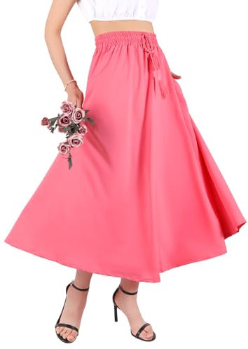 Kefiyis Gonne estive da donna UK gonne da donna gonna lunga elasticizzata in vita con tasche gonna midi con coulisse, rosa, L