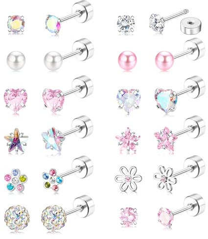 JeweBella 12/14Paar Kinder Ohrringe Mädchen Medizinische Ohrstecker Chirurgenstahl Hypoallergen Gesundheitsstecker Ohrringe Silber Niedlich Blume Perle Herz Zirkonia Ohrringe Set für Damen Mädchen