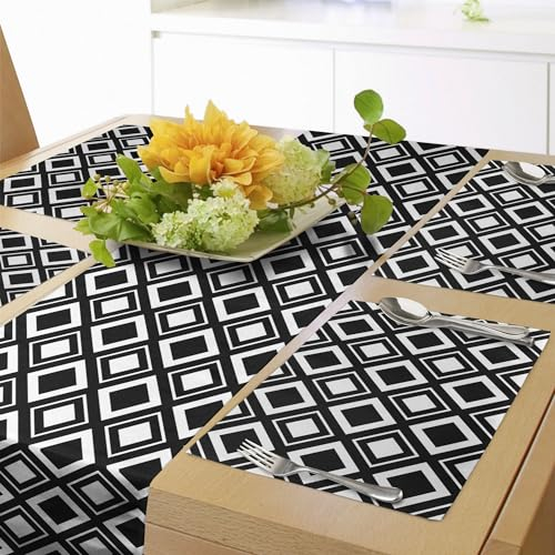 ABAKUHAUS Schwarz und weiß Tischläufer & 4 Stück Tischsets, Einfarbiger Hintergrund mit Quadrat formt diagonales Muster-modernes geometrisches, Tischdeko-Set, 180 x 40 cm, Weiß und Schwarz