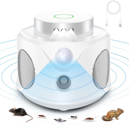 Ahuyentador de Ratas, Ultrasonido contra Ratones 360° Ahuyentador de Topos con Luz LED Repelente Ultrasónico de Plagas Enchufables Roedores Ahuyentador Cucarachas para Jardín
