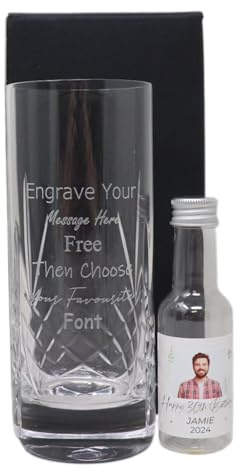 Regalo Engraved Crystal Highball Hiball Glass & Personalised Miniature Bottle of Alcohol Gift Set for Dad & Grandad (Spiced Rum, Mini Bottle/Birthday Photo Heart) 35% vol