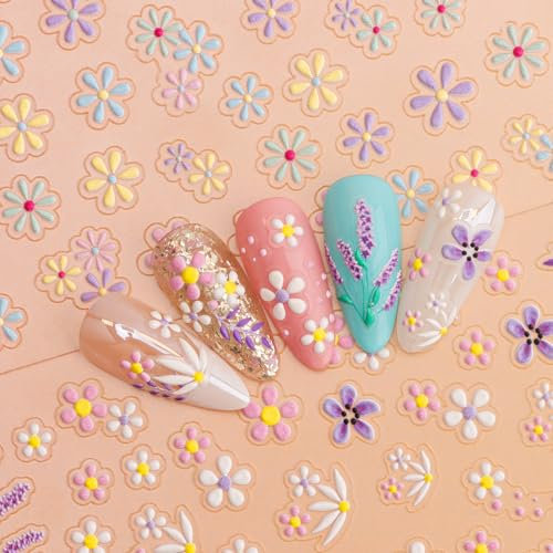 EBANKU 5D Embossed Spring Flowers Nail Art Stickers Decals 2 Sheets 5D Self-Adhesive Colorful Blossom Floral Nail Supplies Nail Art Design Decoration Accessories