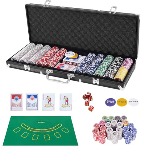 HOMASIS Pokerset mit 500 Chips, Alu Pokerkoffer mit 2 Kartendecks, 5 Würfeln, 3 Dealer Button & Matte, Poker Koffer abschließbar, Poker Set Pokerkarten für Texas Hold'em (500 Chips, Schwarz)