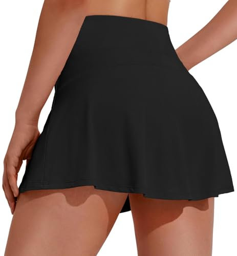 PINSPARK Tennisrock Damen Hosenrock Sport Rock mit Hose Kurz Laufrock hohe Taille Minirock Plisseerock Skort mit Innenshorts Tasche Sommerrock für Fitness Workout Golf Schwarz L