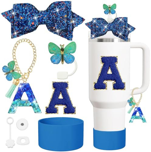 8 PCS Stanley Cup Accessories Including Straw Topper Cover Set Cup Boot Spill Stopper Set Handle Charm Alphabet Stickers Bow Decoration Stanley-Charms for Stanley Cup 40 oz/30 oz (Blue)