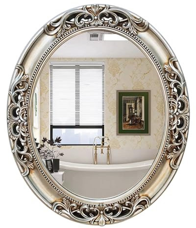 KXWOQ3ED Antik Silber Oval Spiegel, 72x60 cm Vintage dekorative Wandspiegel, Ornate Barock Frame Spiegel für Bad, Schlafzimmer, Wohnzimmer, Eingang Dekor