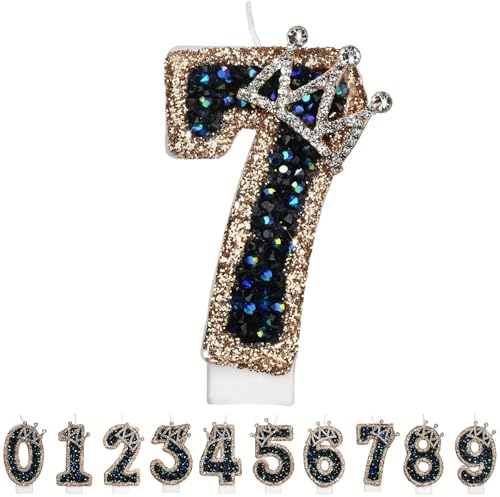 Gleemix Geburtstagskerzen Krone Zahlen 7, Schwarz Zahlenkerze Glitzernde, Cake Topper 7. Geburtstag für Geburtstag Party, Hochzeiten, Firmenfeiern, Jubiläen, Birthday Candle Nummer