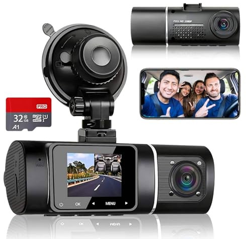 snapbuy Dashcam, Autokamera mit 1080P / 32GB SD-Karte / 310° Weitwinkelansicht Vorne und Innen, Infrarot Nachtsicht, Loop-Aufnahme, WDR, 170°+140° Sichtwinkel, Saugplatte für einfache Montage