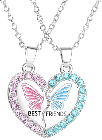 Vayfoni 2PCS Necklace Set – Heart Butterfly Pendant Matching Friendship – Half Heart & Rhinestone Best Friend Necklace – Perfect for Girls & Women – Ideal Gifts for Graduation, Birthday