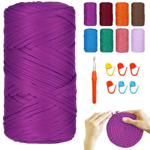 YushengTai Textilgarn, 400G/120M Textilgarn zum Häkeln Mit 9,0 mm Häkelnadel, Häkelgarn Tshirt Garn Für Taschen, Körbe, Decken, Heimdekoration (Violett)