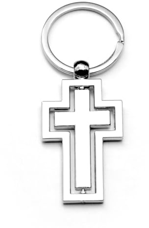 Rotatable Metal Christain Cross Keychain, 4.7 cm Length, 3.2 cm Ring, Silver (Silver)