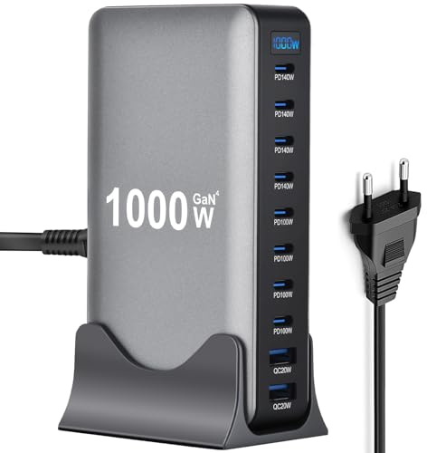 1000W GaN4 USB C Ladegerät Mehrfach – 8×USB-C-Ports (140W/100W) und 2×USB-A-Ports (20W QC) – Kompakter Multi-Geräte-Ladegerät, kompatibel mit Laptops, iPhone 15/16, Galaxy, PS5