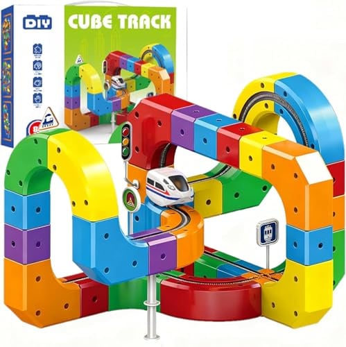 Clickrail Electric Train Set, DIY Cube Track Building Set,Flexible Race Track, Magnetic Train Track Set for Kids, Gravity-Defying Motorized Car & Rail Cube Building Toy (81 Pcs)