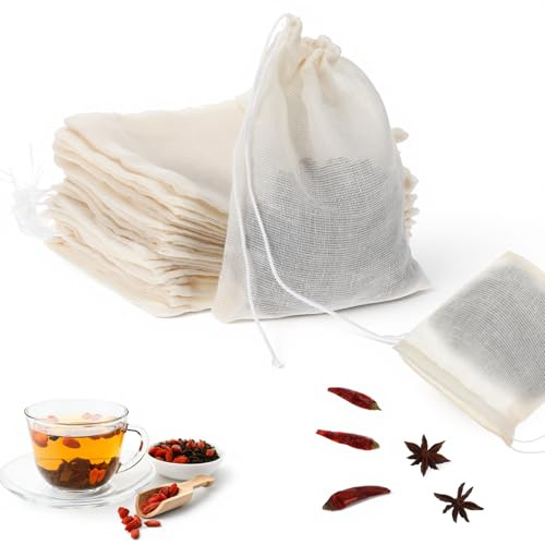 50 PCS Tea Bags Reusable Muslin Spice Bags for Cooking Cotton Muslin Bag Drawstring Packing Sachet Cheesecloth Cold Brew Coffee Bag 4x3inch for Spice Tea Filter Cooking Soup