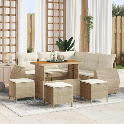 Ziaphsol Gartensofa-Set 9-teilig Beige, Poly-Rattan Lounge Möbel mit Akazienholz-Tisch, Modulares Design für Terrasse, UV-beständig, Hoher Komfort