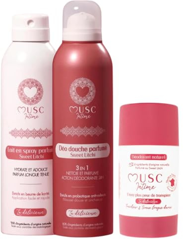MUSC INTIME La Marque Officielle - Déodorant Anti transpirant + Lait en spray parfumé + Déodorant douche parfumé - La Routine Fraîcheur - Sweet Litchi - La Délicieuse - Nettoie et Protège