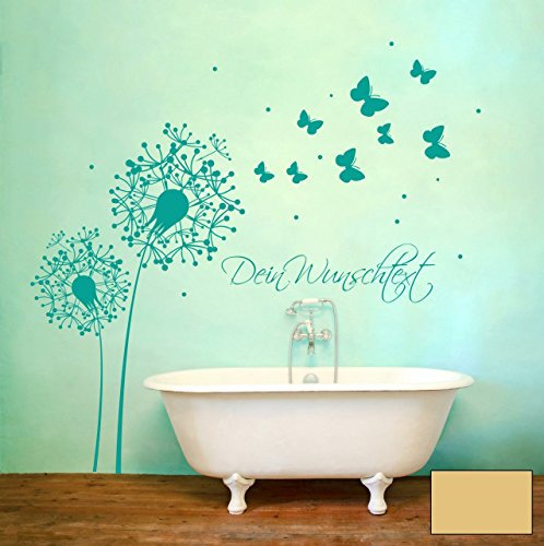 Wandtattoo Wandaufkleber Pusteblume Blüten Schmetterlinge Punkte Dots Wunschtext M1350 - ausgewählte Farbe: *Hellbraun* Größe:*S 180cm x 150cm