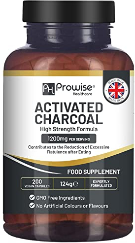 Aktivkohle-Kapseln – 200 hochwirksame vegane Kapseln – 1200 mg pro Portion. Hergestellt in Großbritannien von Prowise Healthcare