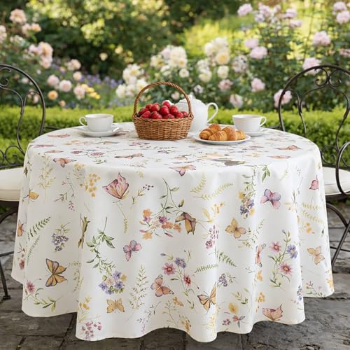 KAMACA Tischdecke Schmetterlinge auf der Blumenwiese – 130 cm rund – Florale Tischwäsche mit bunten Faltern & Frühlingsblumen – Waschbare Sommer-Deko für Küche, Esstisch & Garten