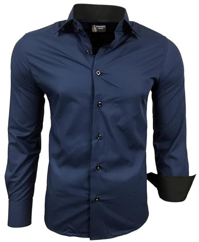 Subliminal Mode - Repassage Facile Chemise Homme Col Bicolore Uni Manches Longues Coupe Slim Business Idée Cadeau, Noël, Saint Valentin RN44,5XL,Bleu Marine