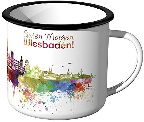 JUNIWORDS Emaille-Tasse, Guten Morgen Wiesbaden, Skyline Aquarell, Schwarzer Tassenrand
