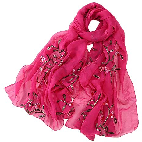 Pluto & Fox Foulard Donna Ricamato Con Fiori Sciarpa Di Seta Elegante Design Retrò Sciarpa Collo Stola (Fucsia)