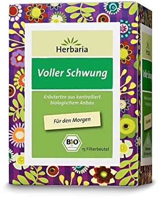 Herbaria Voller Schwung Tee bio 15FB – 100% Bio-Kräutertee im Filterbeutel – belebende Kräuterteemischung mit Mate und Grün Tee, ideal für den Morgen – natürlich wohltuender Teegenuss