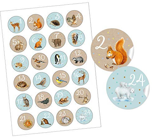 SET 2 x 24 STICKER Adventskalenderzahlen TIERE MINT BRAUN Waldtiere Wintertiere Adventskalender basteln Weihnachten Adventszeit Geschenke Kindergeburtstag Waldkindergarten Schulanfang