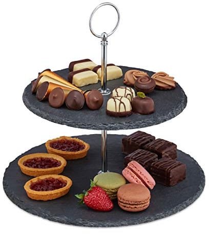 Relaxdays 2 x Etagere mit 2 Etagen, Schiefer, Kuchen, Snacks, Obst, Metallgriff, Servierständer, HxD: 23 x 25 cm, anthrazit/Silber