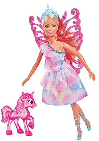 Simba 105733587 - Steffi Love Unicorn Fairy, Ankleidepuppe als Fee mit abnehmbaren Flügeln, mit Einhorn, 29cm Puppe trägt EIN Bezauberndes Pastell Glitzerkleid, ab 3 Jahren