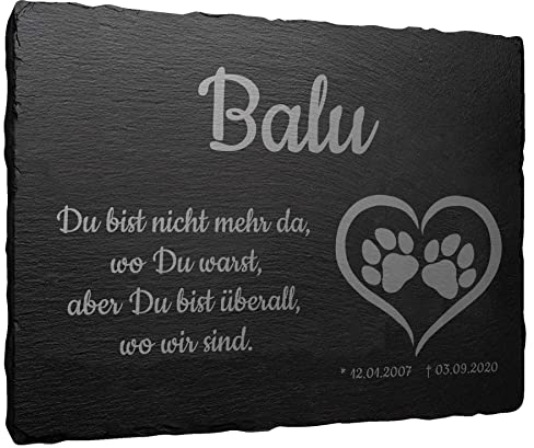 mtb more energy Gedenktafel Grabstein Schiefertafel - Pfoten in Herz ''Du bist Nicht mehr da'' - personalisierbar - 20x15 cm - Grabplatte Haustier Hund Katze
