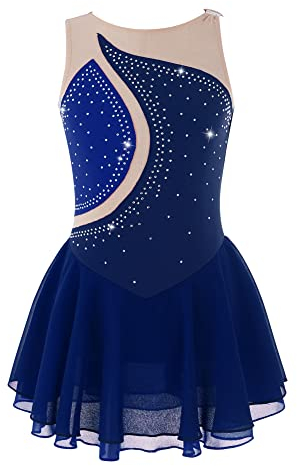 iEFiEL Mädchen Eiskunstlauf Kleid Glitzer Ballettkleid Ärmellos Ballettanzug Ballett Trikot Body mit Strass Wettbewerb Kostüm Gymnastikanzug Y Dunkelblau 170-176