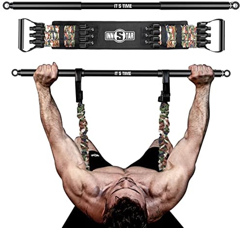 INNSTAR Tragbares Bankdrücken Widerstandsbänder, Verstellbare Bench Press Bands mit 91cm Fitness Stange, Brusttrainer für Arm, Rücken, Bizeps und Brustmuskeln Krafttraining (Men|150LB with Bar)