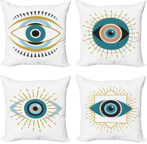 ABAKUHAUS Böses Auge Dekokissen Kissenbezug 4er Pack, Modern Minimalistisch Tribal Boho Modern Accent Doppelseitiger Digitaldruck, 40 cm x 40 cm, Fawn Petrolblau und Weiß