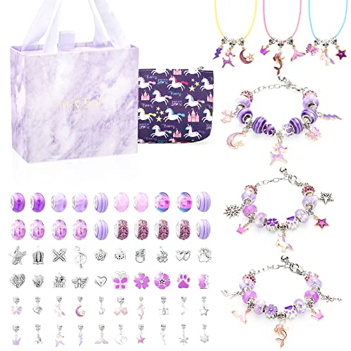 TOYESS Cadeau Fille 5 6 7 8 9 10 11 12 Ans, Charms Kit Bracelet de Fabrication Bijoux et Perles pour Enfant Jouet, Idée Cadeau pour Ado Fille, Violet Taille Unique