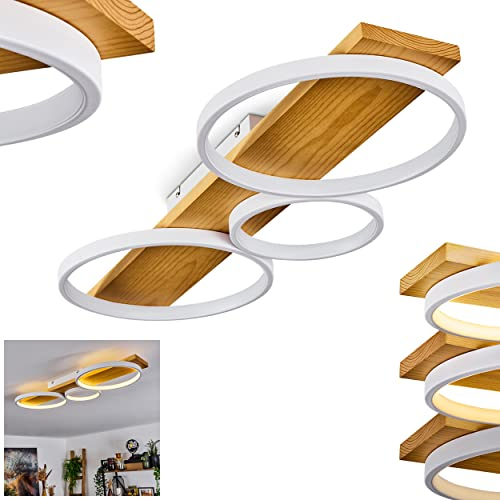 LED Deckenleuchte Rodekro, dimmbare Deckenlampe aus Metall/Holz in Weiß/Natur, über herkömmlichen Lichtschalter dimmbar, moderne Leuchte mit Holzbalken, 1 x LED 32 Watt, 3000 Kelvin, 3700 Lumen