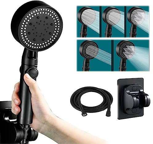 Hochdruck-Duschkopf, wassersparend, mit 1,5 m langem Brauseschlauch und Halterung, Schwarz