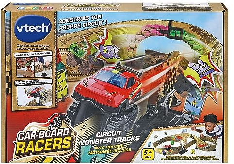 VTech - Car-Board Racers, Circuit Voitures Monster Tracks, Pistes de Course en Carton Recyclé* Extensibles à l’Infini avec Voiture Monster Truck Motorisé, Cadeau Enfant Dès 5 Ans - Contenu en Français