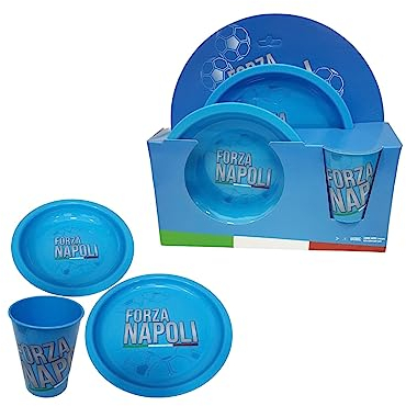 Forza Napoli Set Pappa Piatto Piano Piatto Fondo Bicchiere 260ml in Melamina per Bambini - Royal IndustryIdea Regalo Scuola Asilo Merenda Ricreazione