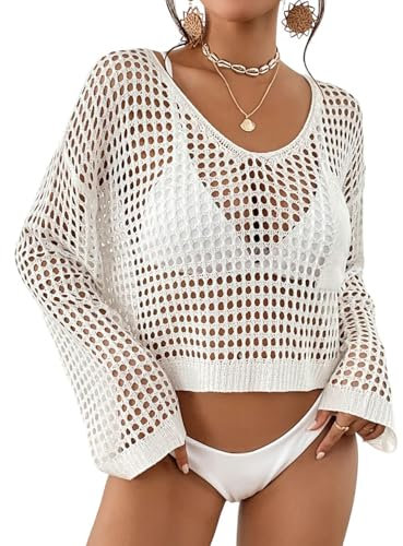 Bsubseach Womens Crochet Crop Top Beach Swimsuit Cover Up Long Sleeve Hollow Out Bathing Suit Cover Ups Summer Outfits White