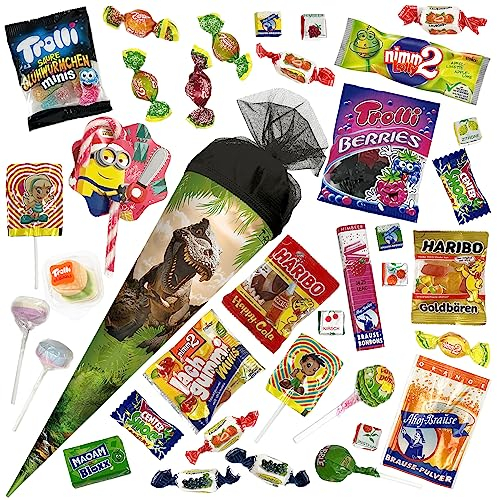 OYOY 35cm Schultüte gefüllt mit Süßigkeiten Mix I ROTH Schultüte T-Rex I kleine Schultüte gefüllt I Geschwister Schultüte I Einschulung Geschenk
