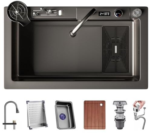 OMGMTSTORE Fregadero de cocina individual de acero inoxidable de 80x45x22cm, montaje inferior, estilo moderno, con grifo de cascada y juego completo de accesorios