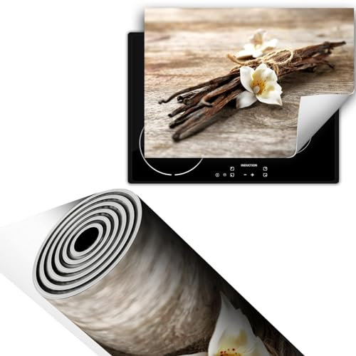 TMK ArtDeko Herdabdeckplatte Einteilig 70x52 cm Küche Herdabdeckung Ceranfeld Abdeckplatte Kochfeld Abdeckung Induktionskochfeld Aufrollbare, Blume Holz