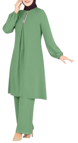 OBEEII Abaya Muslim Damen Set 2 Stück Langarm Oberteile Robe Und Hosen Corban Ramadan Outfit Naher Osten Arabisch Islamische Kleidung Grün M
