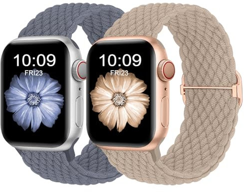 Finoriss Cinturino compatibile con Apple Watch 42 mm, 44 mm, 45 mm, 49 mm, cinturino elastico in nylon intrecciato per Apple Watch Series 9 SE 8 7 6 5 4 3, tè latte/blu